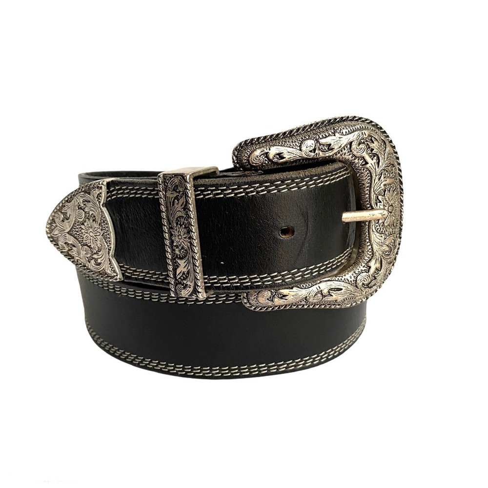 Vintage Western Black Leather Wide Belt Buckle